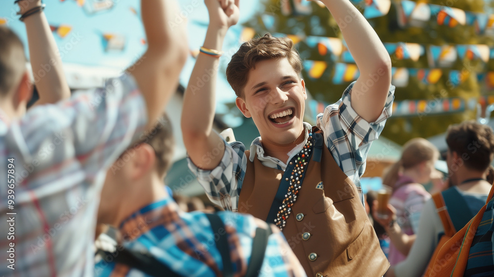 Obraz premium Young happy German European millenial man wearing traditional German clothes at Octoberfest festival dancing and drinking with friends. fun at a party in Europe Spanish dance smiling. LGBTQIA