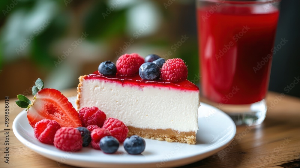 A Slice of Cheesecake with Berries and a Glass of Juice A Slice of Cheesecake with Berries and a Glass of Juice