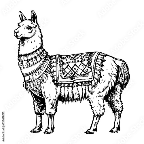 Llama standing calmly with a neutral expression