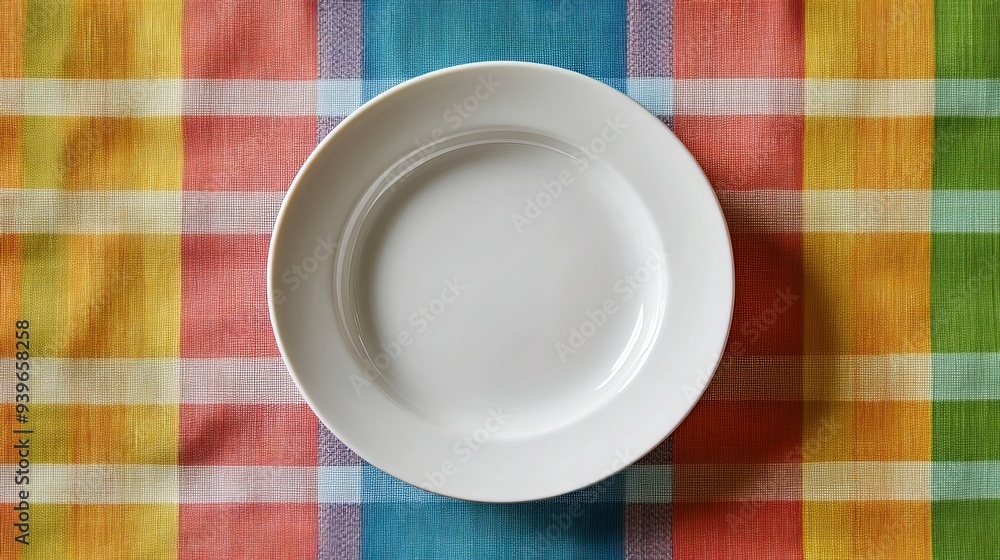 Round white plate on a colorful tablecloth. Empty dish with space for your design. Round white plate on a colorful tablecloth. Empty dish with space for your design.