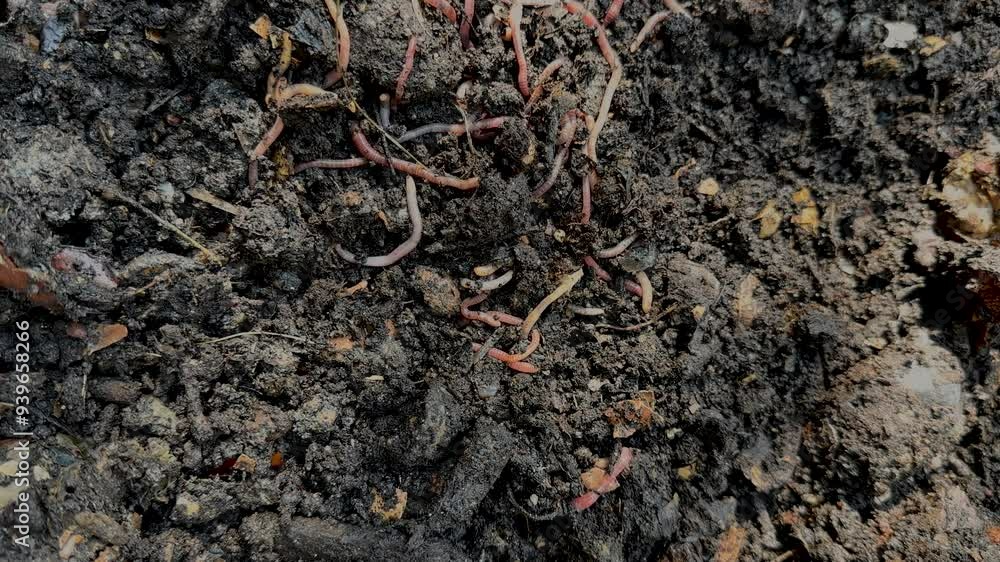 Earthworms in fresh compost. Vermicomposting, permaculture gardening concept Earthworms in fresh compost. Vermicomposting, permaculture gardening concept