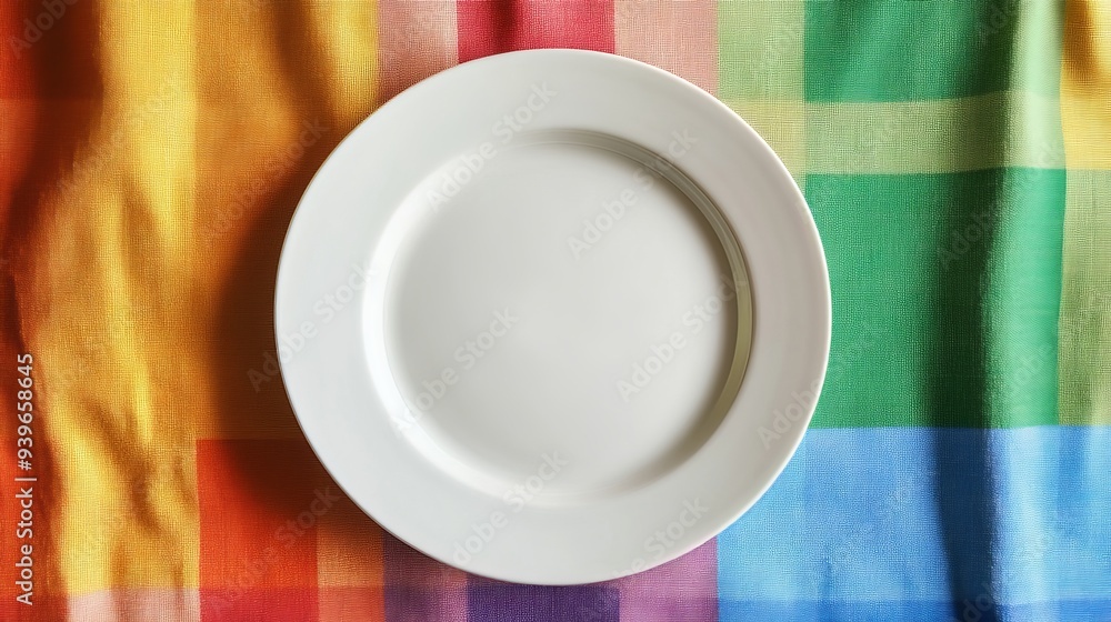Round white plate on a colorful tablecloth. Empty dish with space for your design. Round white plate on a colorful tablecloth. Empty dish with space for your design.