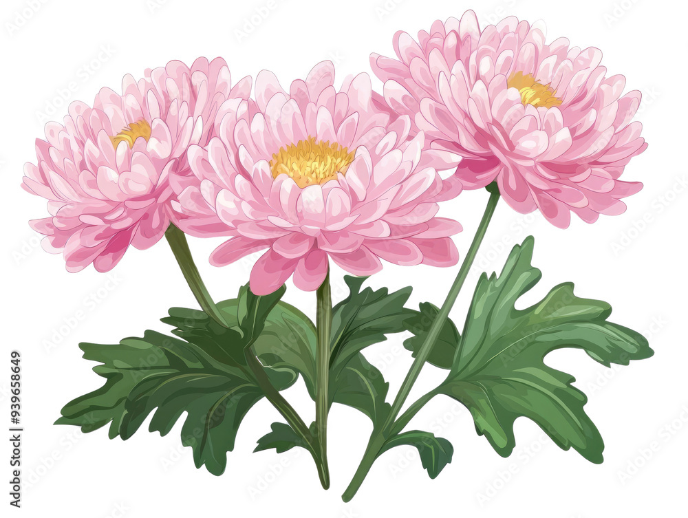A trio of pink chrysanthemums in full bloom, showcasing delicate petals and vibrant green leaves, perfect for nature-themed designs. A trio of pink chrysanthemums in full bloom, showcasing delicate petals and vibrant green leaves, perfect for nature-themed designs.