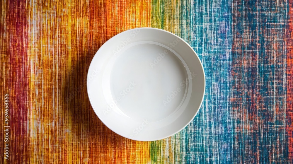 Round white plate on a colorful tablecloth. Empty dish with space for your design. Round white plate on a colorful tablecloth. Empty dish with space for your design.