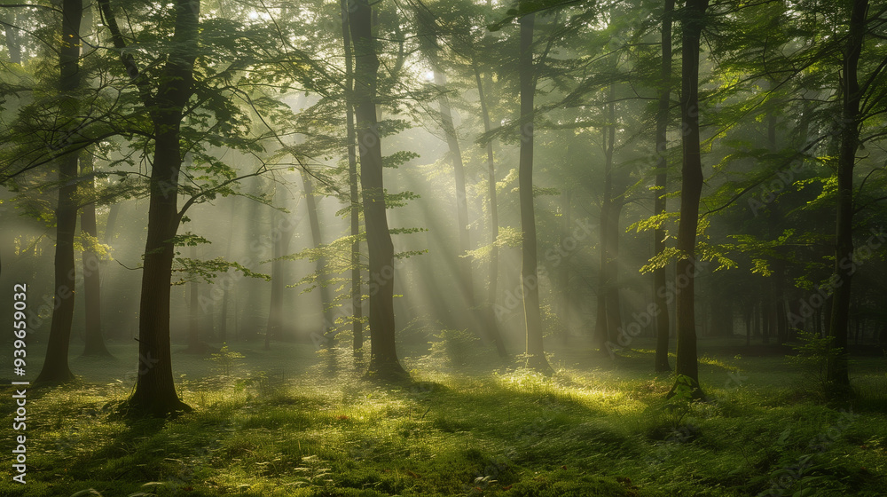 Fototapeta premium Mystical Forest with Morning Fog, Tall Trees, and Soft Light