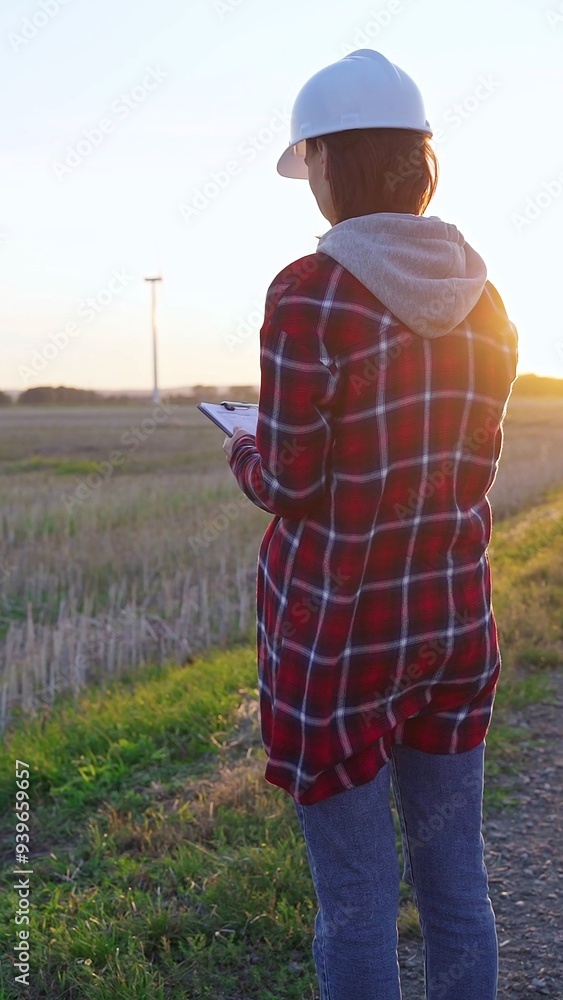 Woman engineer wearing a white protective helmet is taking notes with a clipboard in a field with wind turbines, as the sun sets. Clean energy and engineering concept Woman engineer wearing a white protective helmet is taking notes with a clipboard in a field with wind turbines, as the sun sets. Clean energy and engineering concept