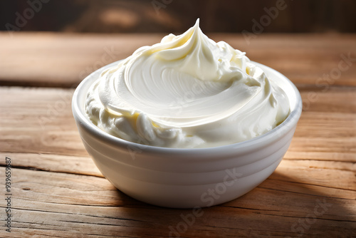 A close-up view of thick, smooth sour cream in a white bowl