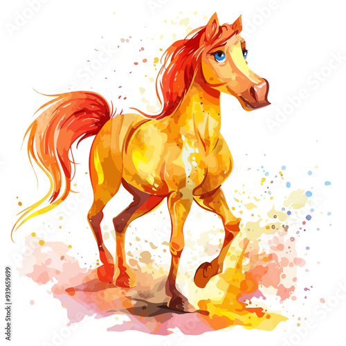 Vector illustration of a cartoon animation of stallion, painted in watercolor, isolated on a white background, stallion animation