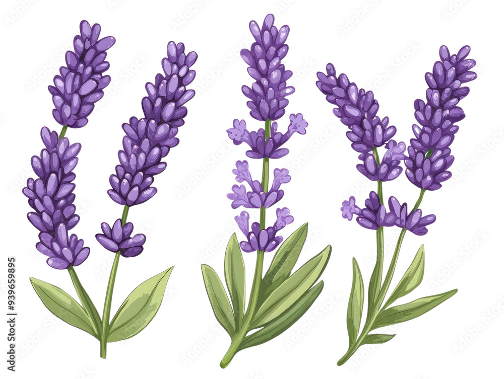 Obraz premium Delicate lavender flowers arranged artistically, showcasing their vibrant purple hue and lush green leaves, perfect for backgrounds.