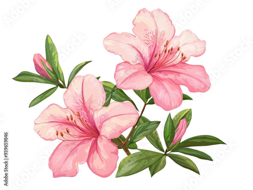 Bright pink azalea flowers with lush green leaves, perfect for enhancing nature-themed designs and artwork.