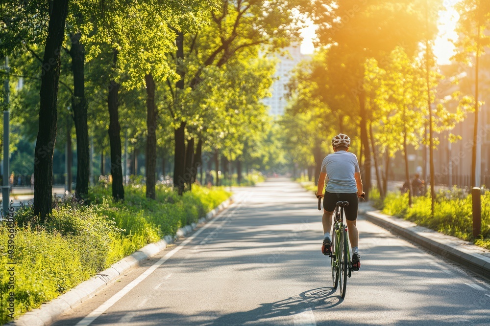 Fototapeta premium Cyclist riding on a sunlit park road surrounded by lush green trees, enjoying a peaceful morning.
