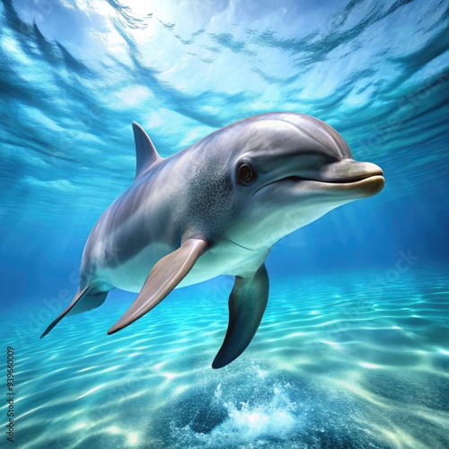 Dolphin swimming gracefully in clear ocean waters during bright daylight. Generative AI