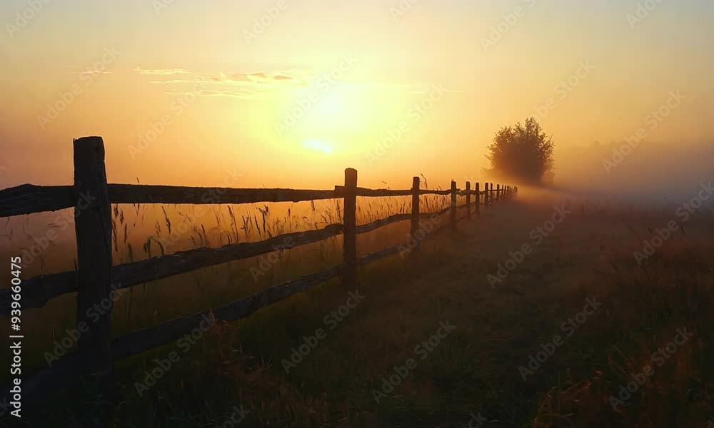 the sun is setting behind a fence in a foggy field the sun is setting behind a fence in a foggy field