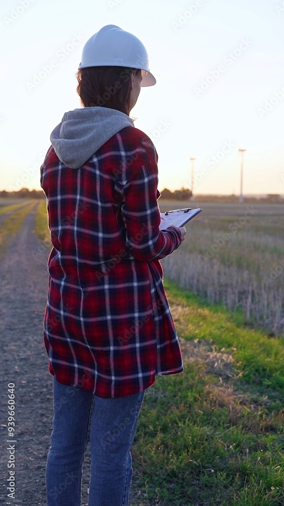 Woman engineer wearing a white protective helmet is taking notes with a clipboard in a field with wind turbines. Clean energy and engineering concept Woman engineer wearing a white protective helmet is taking notes with a clipboard in a field with wind turbines. Clean energy and engineering concept