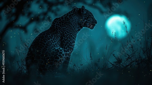 Midnight Leopard Whispers: Wildlife Inspired Vector Stock with Moonlit Silhouette Dancing in Shadows