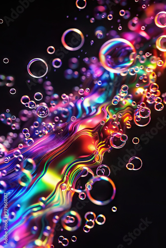 Vibrant liquid bubble fractal art with colorful abstract patterns, illuminated by light against a black background.