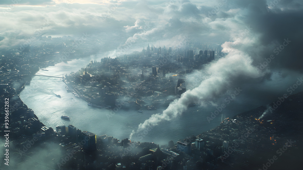 Fototapeta premium Aerial view of toxic city with an advanced wash