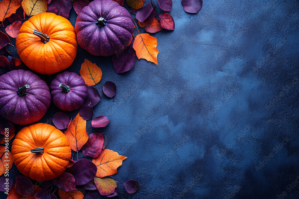 Halloween pumpkins jack o' lanterns flat lay with purple and orange colors, ideal for seasonal decor and Halloween celebrations. Halloween pumpkins jack o' lanterns flat lay with purple and orange colors, ideal for seasonal decor and Halloween celebrations.