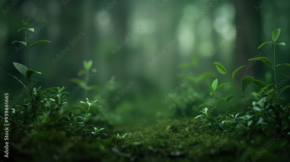 Small green plants thrive on a moss-covered ground in a serene forest, illuminated by gentle morning light filtering through the trees Small green plants thrive on a moss-covered ground in a serene forest, illuminated by gentle morning light filtering through the trees
