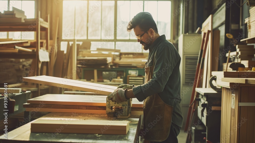 A skilled craftsman uses a power saw to cut wood while surrounded by various tools and timber in a sunlit woodworking shop A skilled craftsman uses a power saw to cut wood while surrounded by various tools and timber in a sunlit woodworking shop