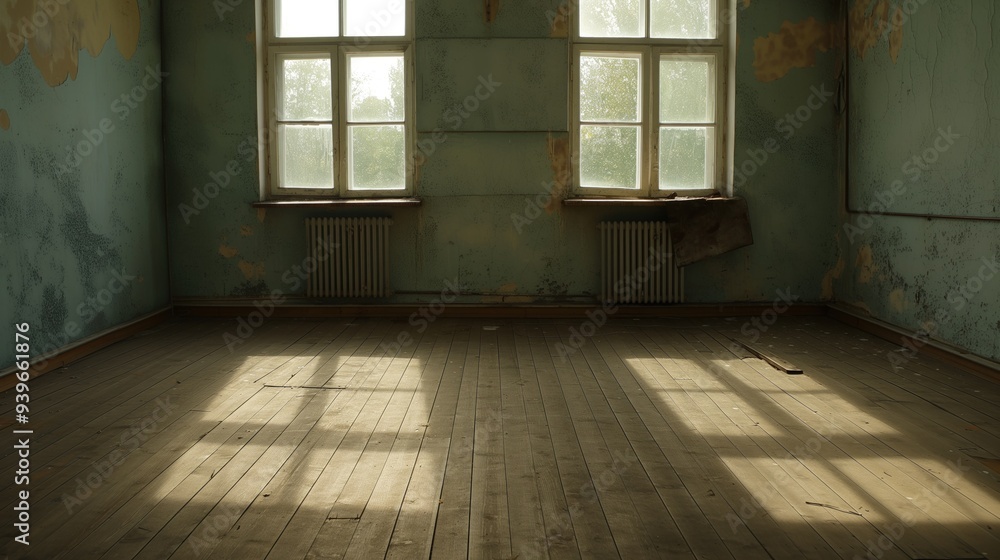 Dusty sunlight streams through the windows of an empty room, illuminating the wooden floor and revealing peeling paint on the walls, creating a solemn yet serene atmosphere Dusty sunlight streams through the windows of an empty room, illuminating the wooden floor and revealing peeling paint on the walls, creating a solemn yet serene atmosphere