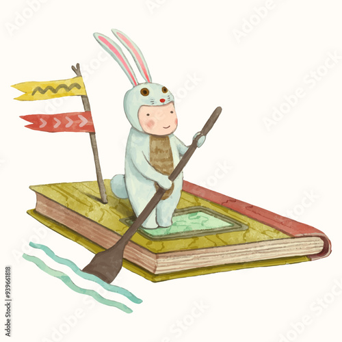 Rabbit kid and book. children illustration. watercolor vector. animal cartoon. reading and education concept artwork.