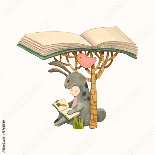 Rabbit kid and book. children illustration. watercolor vector. animal cartoon. reading and education concept artwork.