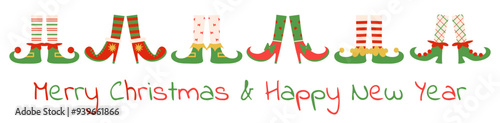 Christmas elf feet banner. Dwarf foot wear striped socks and cute boots and shoes. Legs different poses, winter holidays nowaday vector background