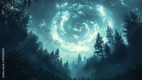 Enchanting Mystical Forest Illustration with Swirling Sky for Graphic Design Copy Space