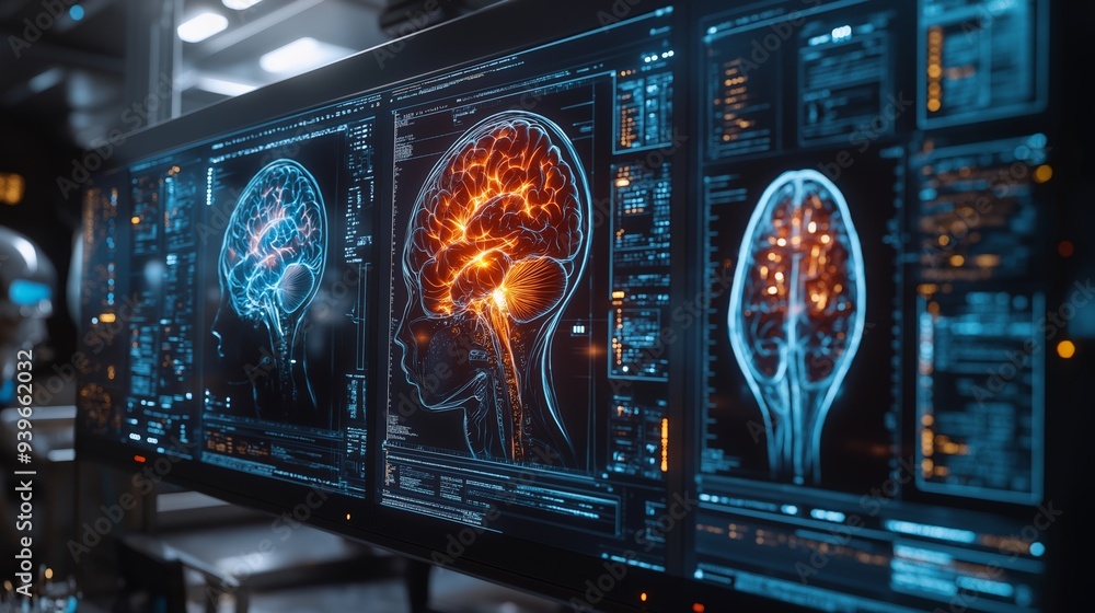 Series of Brain Scans Displayed Side by Side on a Screen, Color-Coded to Highlight Different Regions with a Stroke-Indicated Scan, Set in a High-Tech Medical Lab with a Subtle Blue Glow, Emphasizing t Series of Brain Scans Displayed Side by Side on a Screen, Color-Coded to Highlight Different Regions with a Stroke-Indicated Scan, Set in a High-Tech Medical Lab with a Subtle Blue Glow, Emphasizing t