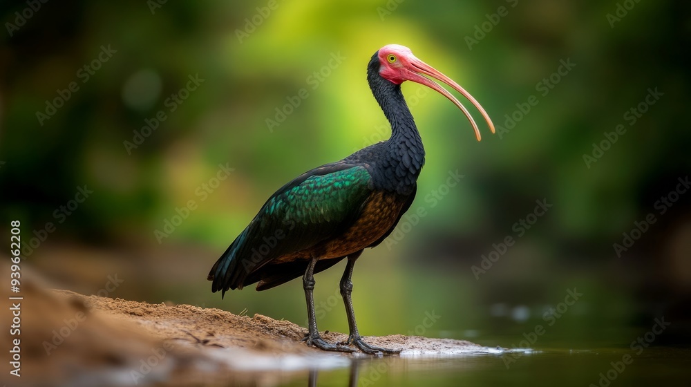 Fototapeta premium Northern Bald Ibis stands on sandy riverbank, Full shot capturing glossy feathers and bald profile, Set in a dynamic river environment, Reflects challenges of species conservation