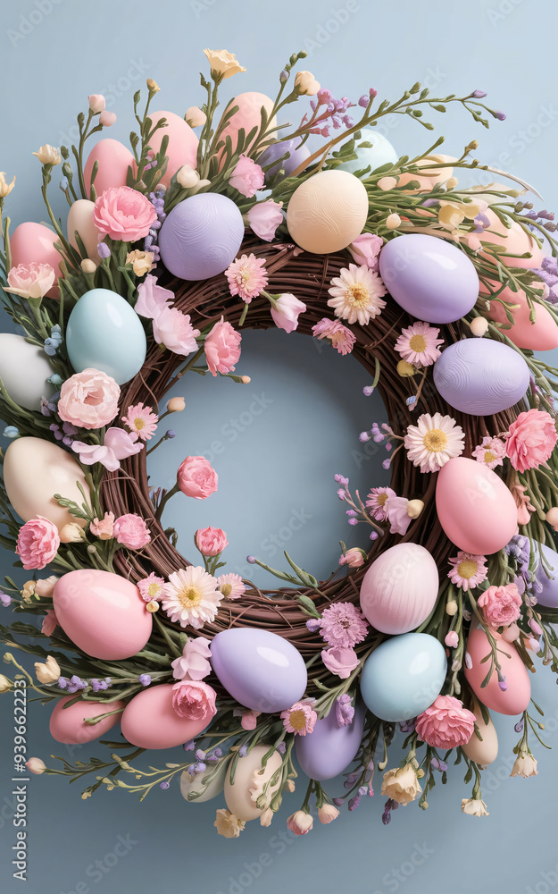 illustration of a decorative wreath made of intertwined branches, pastel-colored Easter eggs, and small flowers, in soft tones like pink, lavender, and cream illustration of a decorative wreath made of intertwined branches, pastel-colored Easter eggs, and small flowers, in soft tones like pink, lavender, and cream