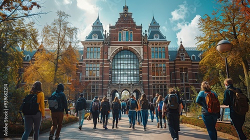 Students Walking Towards a Majestic Building in Amsterdam