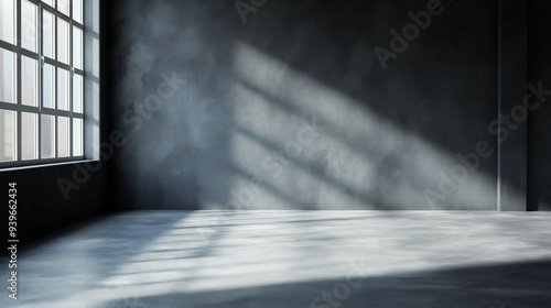 Sunlight filters through expansive windows, casting long shadows in a minimalist, empty industrial space with a concrete floor and muted walls