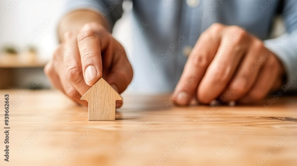 A person focuses intently while positioning a small wooden house on a surface, surrounded by a well-lit, organized indoor environment A person focuses intently while positioning a small wooden house on a surface, surrounded by a well-lit, organized indoor environment