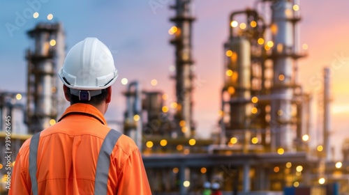 A worker in bright safety attire stands in front of an industrial facility, watching the towers illuminate under the evening sky