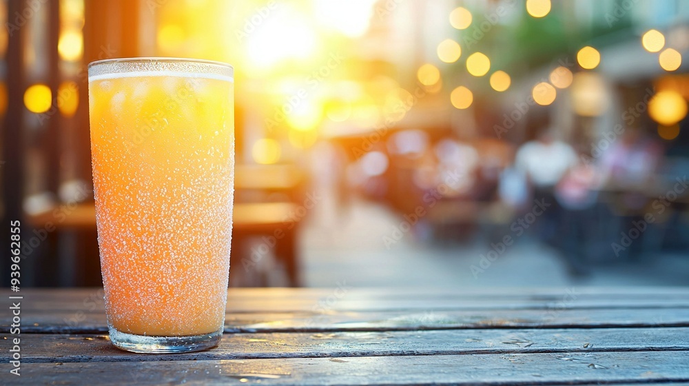 An orange glass resting on a wooden table against a hazy city backdrop An orange glass resting on a wooden table against a hazy city backdrop