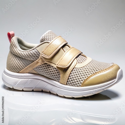 Stylish women's sneakers in beige with Velcro straps showcased from the side. Generative AI