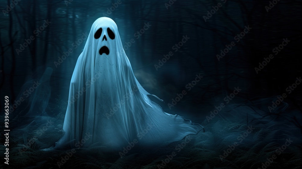 A ghostly figure draped in white appears hauntingly in a dark forest, surrounded by mist and shadowy trees, creating an unsettling feeling of isolation and fear A ghostly figure draped in white appears hauntingly in a dark forest, surrounded by mist and shadowy trees, creating an unsettling feeling of isolation and fear