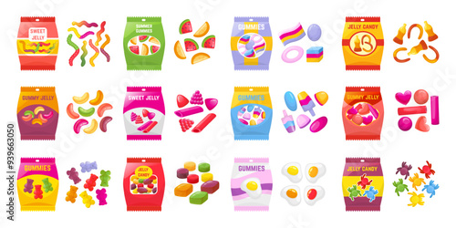 Gummies sweets. Cartoon jellies candies, sweet marmalade candy packs. Juicy desserts, jelly fruits worms bears berries, neoteric vector set