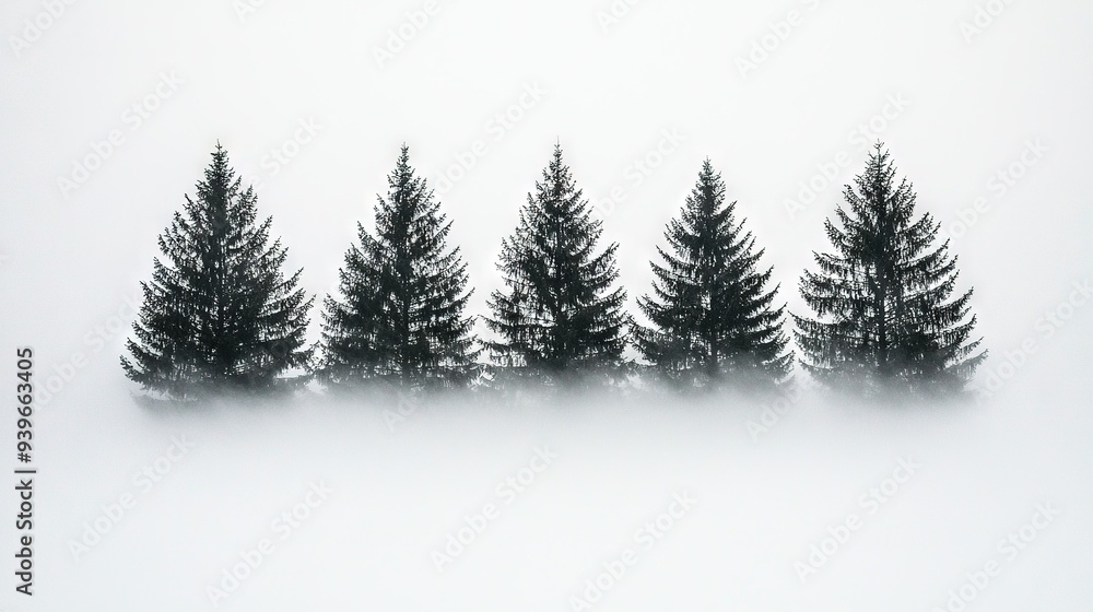 Obraz premium A row of pine trees in the fog on a foggy day in the United States' mountains
