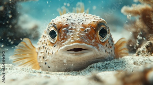 4K Realistic Pufferfish creating elaborate sand art for mating, ocean floor,