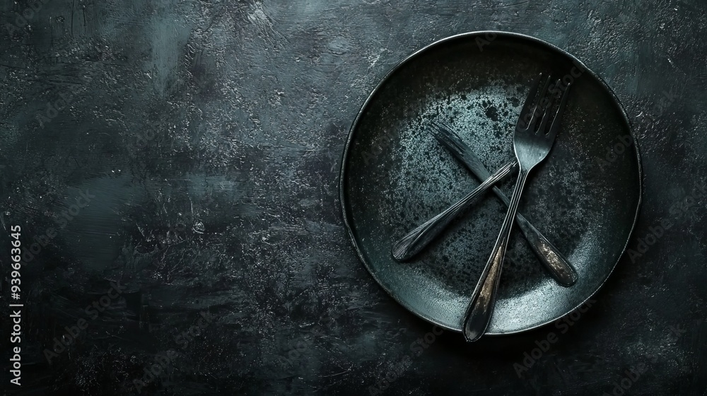 Fototapeta premium Utensils rest on a dark surface beside an empty dish