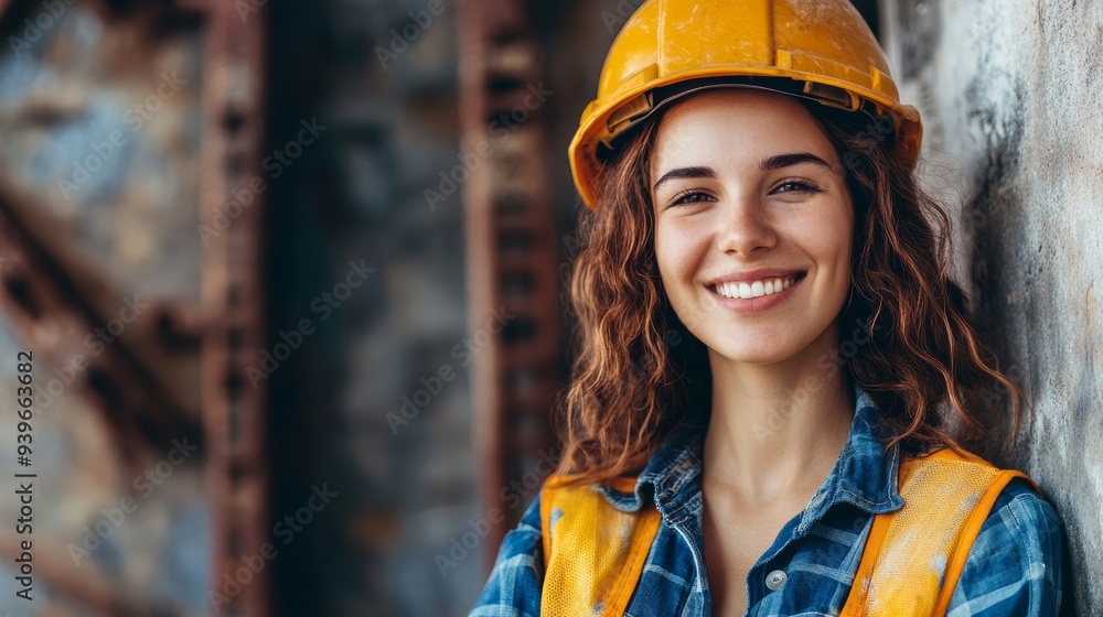 A confident young woman in an orange construction outfit smiles at a busy construction site on a sunny day, A confident young woman in an orange construction outfit smiles at a busy construction site on a sunny day,