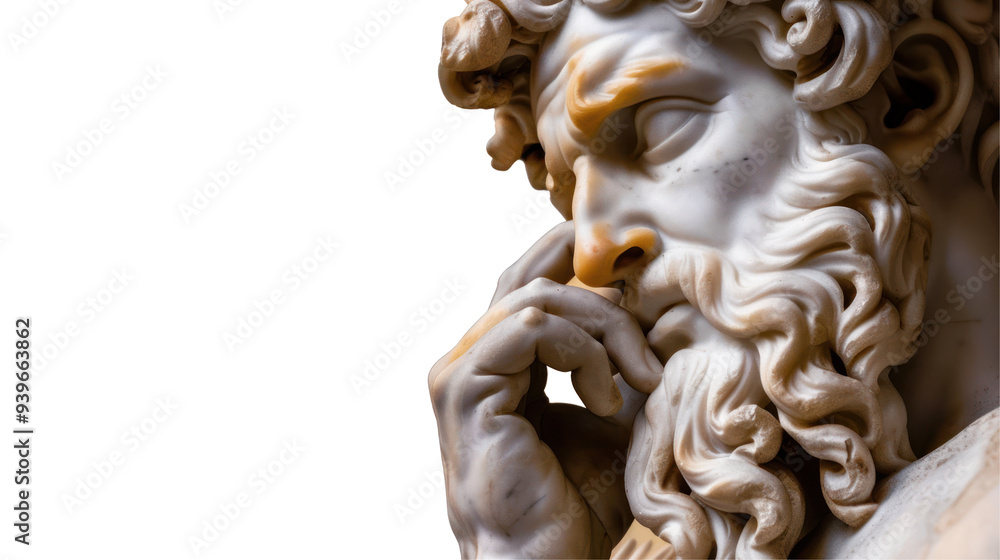 Marble Statue of a Philosopher, elegantly carved figure representing wisdom, isolated against a transparent backdrop, showcasing intricate details and serene expression. Marble Statue of a Philosopher, elegantly carved figure representing wisdom, isolated against a transparent backdrop, showcasing intricate details and serene expression.