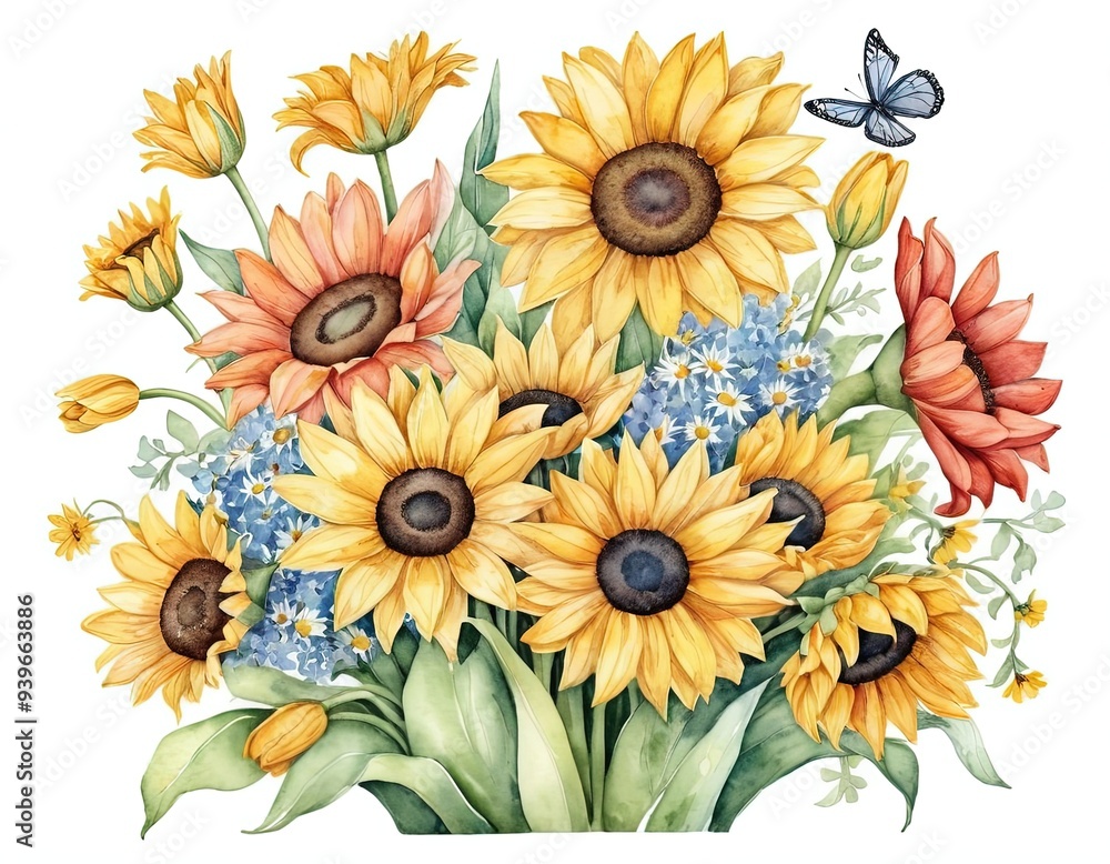 Watercolor painting of a bouquet of sunflowers, including a single blue butterfly. Watercolor painting of a bouquet of sunflowers, including a single blue butterfly.
