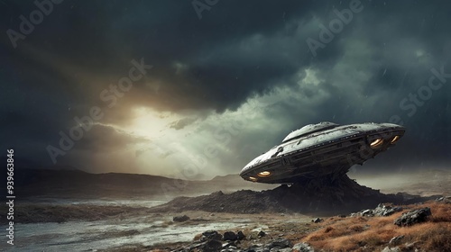 A crashed ufo on a distant planet photo