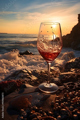 A glass of red wine sits on a sandy beach alongside bunches of grapes, with the ocean waves gently crashing in the background. This scene captures a tranquil and refreshing seaside moment, ideal for u
