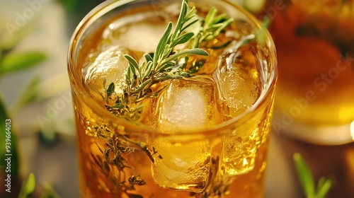 Iced herbal tea with a blend of fresh herbs and a hint of honey captured in a close up shot photo