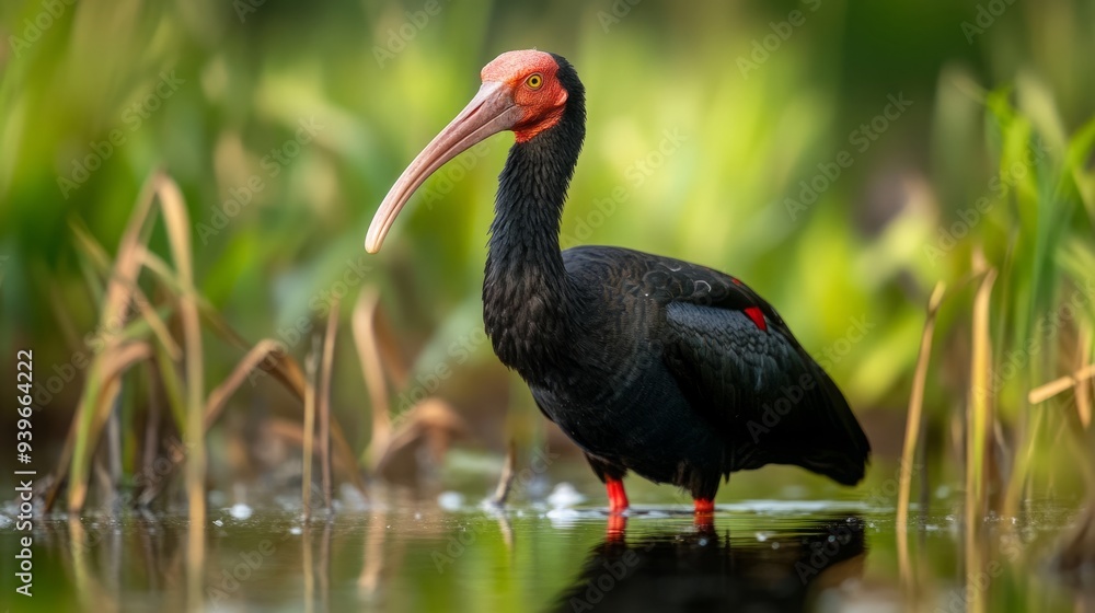 Naklejka premium Northern Bald Ibis explores wetland habitat, Tall reeds frame the scene, Reflection in water captures bird's form, Emphasizes conservation of threatened species, Perfect for wildlife documentaries